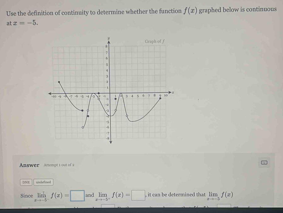 Use the definition of continuity to determine whether the function f(x) graphed below is continuous 
at x=-5. 
Answer Attempt 1 out of 2 
DNE undefined 
Since limlimits _xto -5^-f(x)=□ and limlimits _xto -5^+f(x)=□ , it can be determined that limlimits _xto -5f(x)