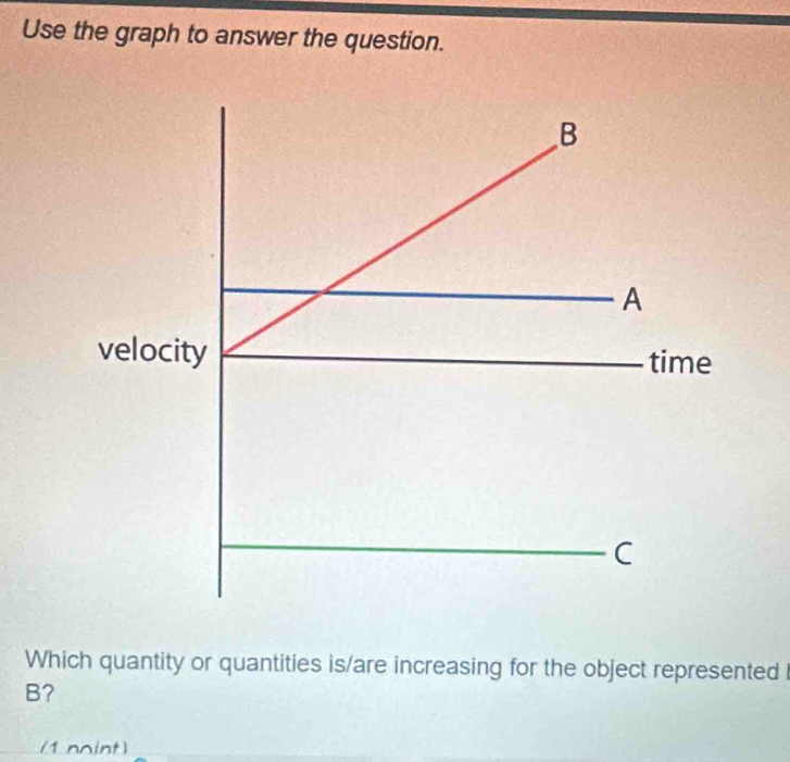 Use the graph to answer the question. 
Which quantity or quantities is/are increasing for the object represented 
B? 
(1 noint)