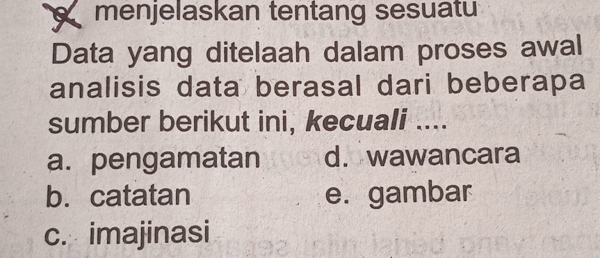 menjelaskan tentang sesuatu
Data yang ditelaah dalam proses awal
analisis data berasal dari beberapa
sumber berikut ini, kecuali ....
a. pengamatan d. wawancara
b. catatan e. gambar
c. imajinasi