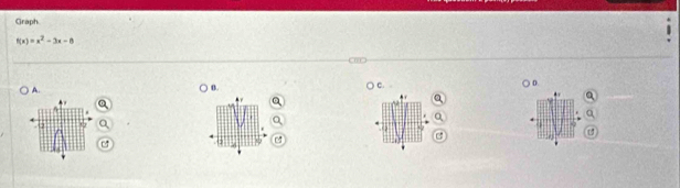 Graph
f(x)=x^2-3x-8
A.
0. C.
D.
,.