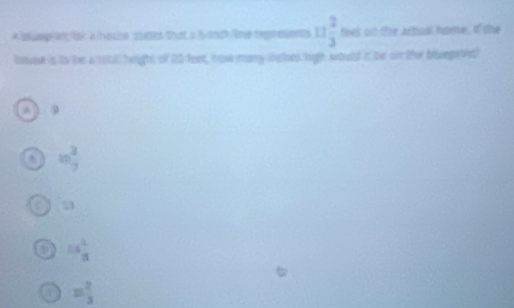 A ldluep a for a ihouse states that a inch ine regresents 11 2/3  foet on the artual home, if the
bause ia to he a rotil height of 20 feet, how many iahes high would is be on the bluegivel
A 9
(n)frac 37
53
15 1/8 
= 2/3 