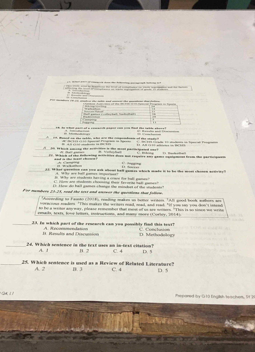 1?. What part of research does the following paragraph belong to?
B. Methodology A Introduction
D. Conclusion C. Results and Discussion
For numbers 18-22, a
_18. In what part of a research paper can you find the table above? C: Results and Discussion
B. Methodology A. Introduction D. Conclusion
_19. Based on the table, who are the respondents of the study?
BCHS G10 Special Program in Sports C. BCHS Grade 10 students in Special Programs
B. All G10 students in BCHS D. All G10 athletes in BCHS
_20. Which among the activities is the most participated one? C. Biking D. Basketball
A: Ball games B. Volleyball
21. Which of the following activities does not require any game equipment from the participants
and is the least chosen? C. Jogging
A Camping
D. Soccer
22. What question can you ask about ball games which made it to be the most chosen activity?
A. Why are ball games important?
B. Why are students having a craze for ball games?
C. How are students choosing their favorite ball games?
D. How do ball games change the mindset of the students?
For numbers 23-25, read the text and answer the questions that follow.
'According to Fausto (2018), reading makes us better writers. ²All good book authors are
voracious readers. ³This makes the writers read, read, and read. ‘If you say you don’t intend
to be a writer anyway, please remember that most of us are writers. "This is so since we write
emails, texts, love letters, instructions, and many more (Corley, 2014)
_23. In which part of the research can you possibly find this text?
A. Recommendation C. Conclusion
B. Results and Discussion D. Methodology
_24. Which sentence in the text uses an in-text citation?
A. 1 B. 2 C. 4 D. 5
_25. Which sentence is used as a Review of Related Literature?
A. 2 B. 3 C. 4 D. 5
Q4, L 1 Prepared by G10 English teachers, SY 20