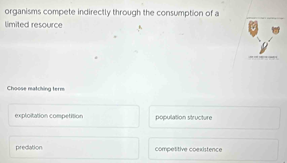 organisms compete indirectly through the consumption of a
limited resource
Lishh aNd CHEeEAN sormete
Choose matching term
exploitation competition population structure
predation competitive coexistence