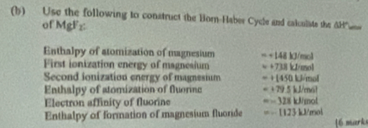 Use the following to construct the Born-Haber Cycle and calculate the AH". = 
of MgFz:
Enthalpy of atomization of magnesium + 148 1J/mol
Firstionization energy of magnesium +738 kl/mol
Second ionization energy of magnesium + [450 kJ/mol
Enthalpy of atomization of fluorinc + 79.5 kJ/mal
Electron affinity of fluorine == 328 kJ/mol
Enthalpy of formation of magnesium fluoride == 1123 kJ/mol
6 mark