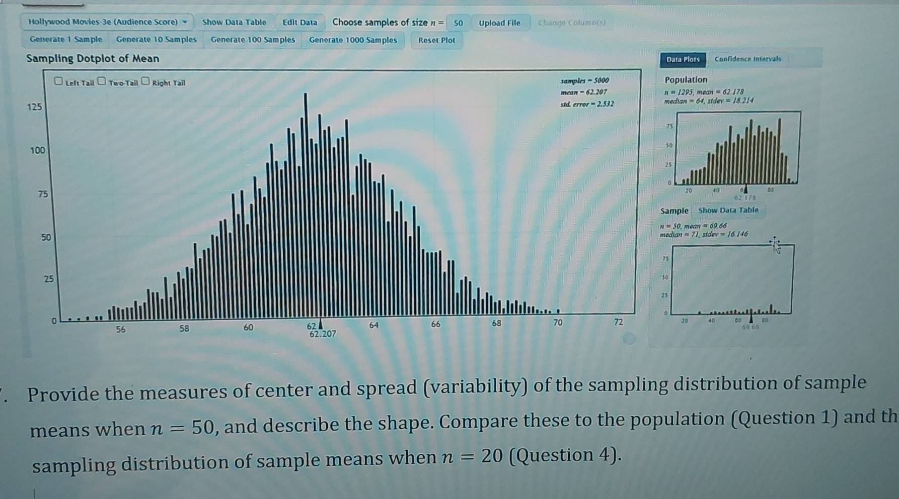 Hollywood Movies-3e (Audience Score) Show Data Table Edit Data Choose samples of size n= 50 Upload File Change Column(s)
Generate 1 Sample Generate 10 Samples Generate 100 Samples Generate 1000 Samples Reset Plot
Sampling Dotplot of Mean s Confidence Intervals
on
mean =62.178
y=18.214
Show Data Table
. Provide the measures of center and spread (variability) of the sampling distribution of sample
means when n=50 , and describe the shape. Compare these to the population (Question 1) and th
sampling distribution of sample means when n=20 (Question 4).