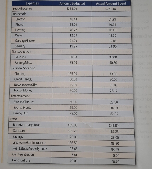 Expenses Amount Budgeted Actual Amount Spent 
Food/Groceries $235.00
40.00 40.00