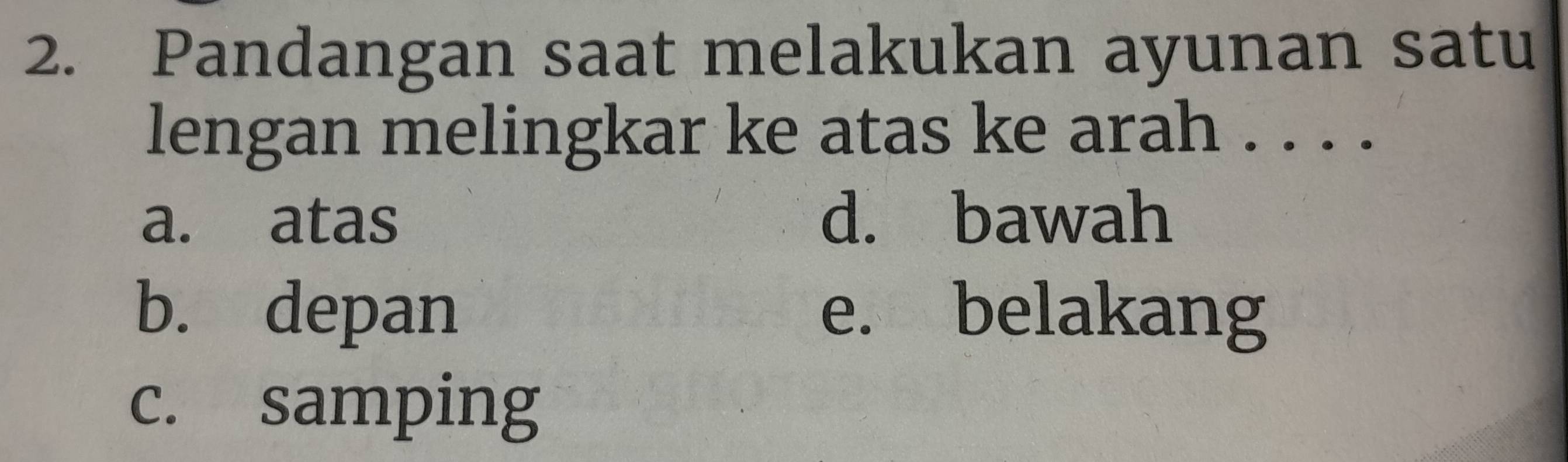 Pandangan saat melakukan ayunan satu
lengan melingkar ke atas ke arah . . . .
a. atas d. bawah
b. depan e. belakang
c. samping