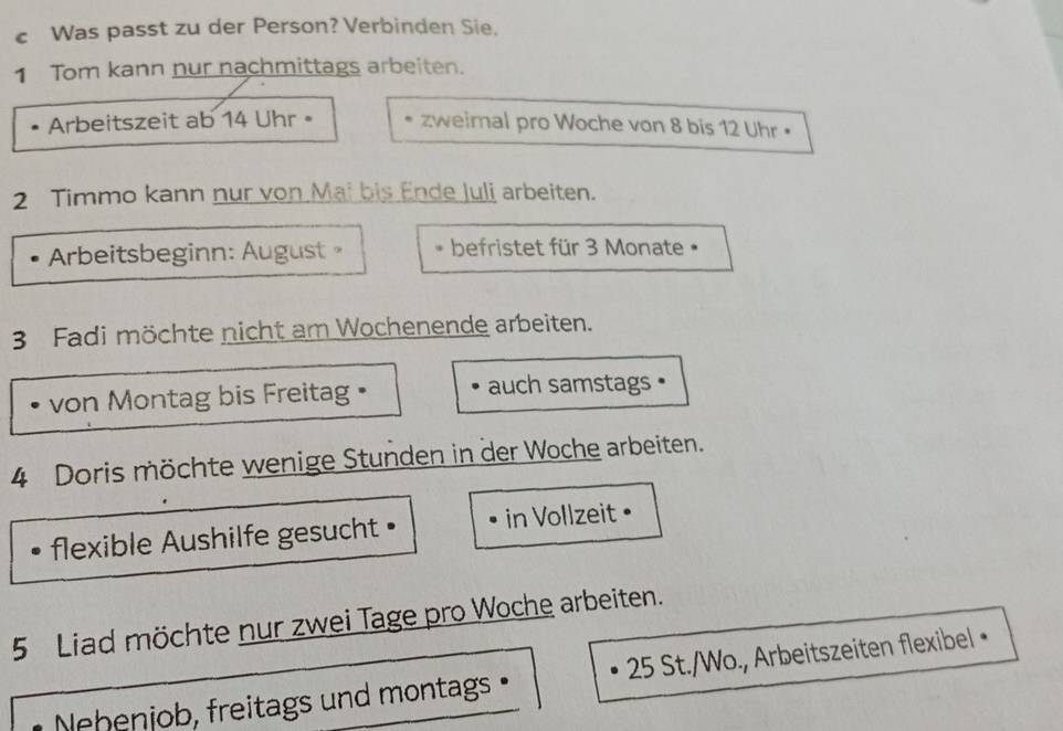 Was passt zu der Person? Verbinden Sie. 
1 Tom kann nur nachmittags arbeiten. 
Arbeitszeit ab 14 Uhr = zweimal pro Woche von 8 bis 12 Uhr • 
2 Timmo kann nur von Mai bis Ende Juli arbeiten. 
Arbeitsbeginn: August * befristet für 3 Monate • 
3 Fadi möchte nicht am Wochenende arbeiten. 
von Montag bis Freitag auch samstags 
4 Doris möchte wenige Stunden in der Woche arbeiten. 
flexible Aushilfe gesucht • in Vollzeit " 
5 Liad möchte nur zwei Tage pro Woche arbeiten. 
Nehenjob, freitags und montags • 25 St./Wo., Arbeitszeiten flexibel•