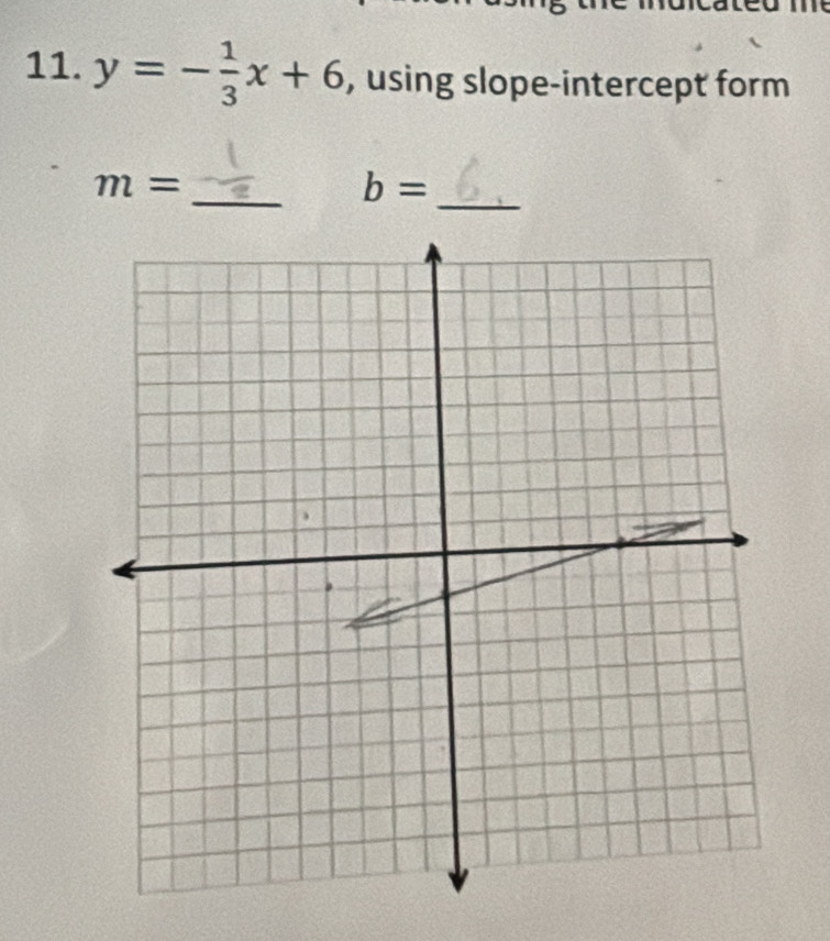 y=- 1/3 x+6 , using slope-intercept form 
_ 
_
m=
b=