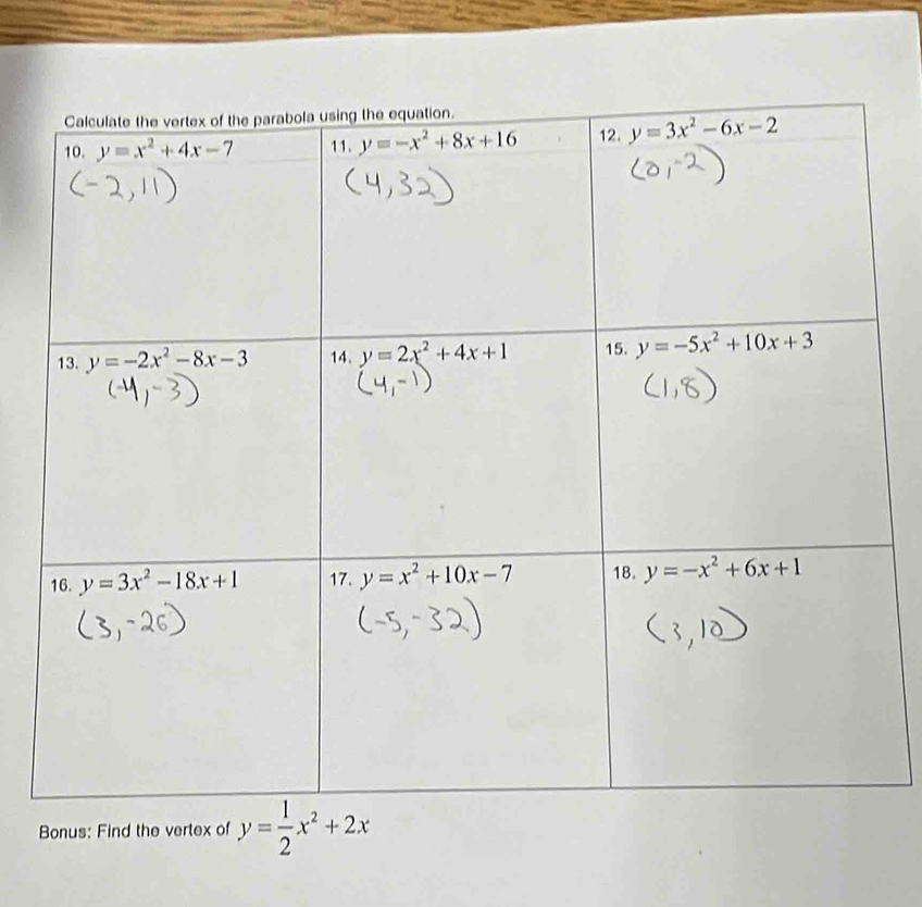 Bonus: Find the vertex of y= 1/2 x^2+2x