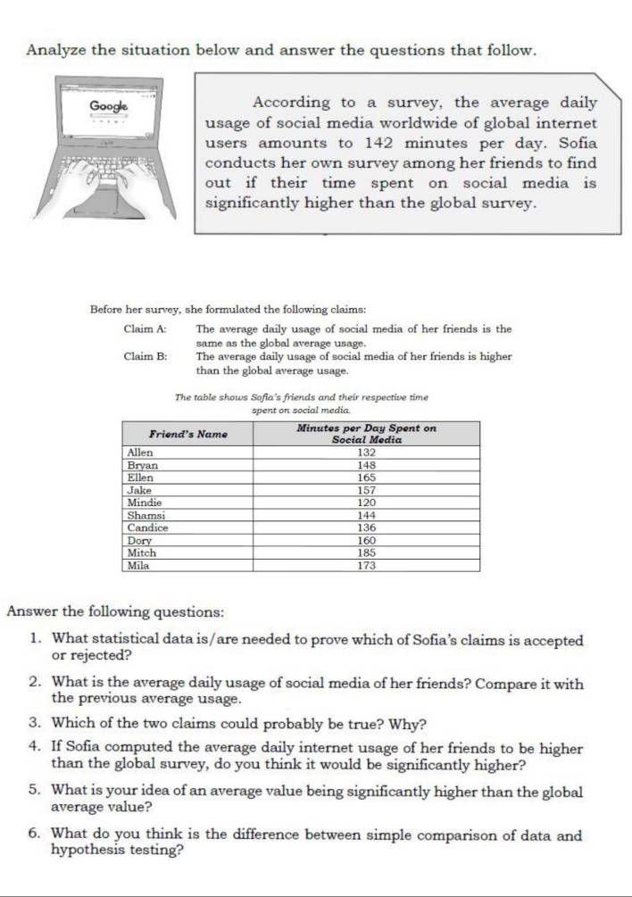 Analyze the situation below and answer the questions that follow. 
Google According to a survey, the average daily 
usage of social media worldwide of global internet 
users amounts to 142 minutes per day. Sofia 
conducts her own survey among her friends to find 
out if their time spent on social media is 
significantly higher than the global survey. 
Before her survey, she formulated the following claims: 
Claim A: The average daily usage of social media of her friends is the 
same as the global average usage. 
Claim B: The average daily usage of social media of her friends is higher 
than the global average usage. 
The table shows Sofia's friends and their respective time 
t on social media 
Answer the following questions: 
1. What statistical data is/are needed to prove which of Sofia’s claims is accepted 
or rejected? 
2. What is the average daily usage of social media of her friends? Compare it with 
the previous average usage. 
3. Which of the two claims could probably be true? Why? 
4. If Sofia computed the average daily internet usage of her friends to be higher 
than the global survey, do you think it would be significantly higher? 
5. What is your idea of an average value being significantly higher than the global 
average value? 
6. What do you think is the difference between simple comparison of data and 
hypothesis testing?