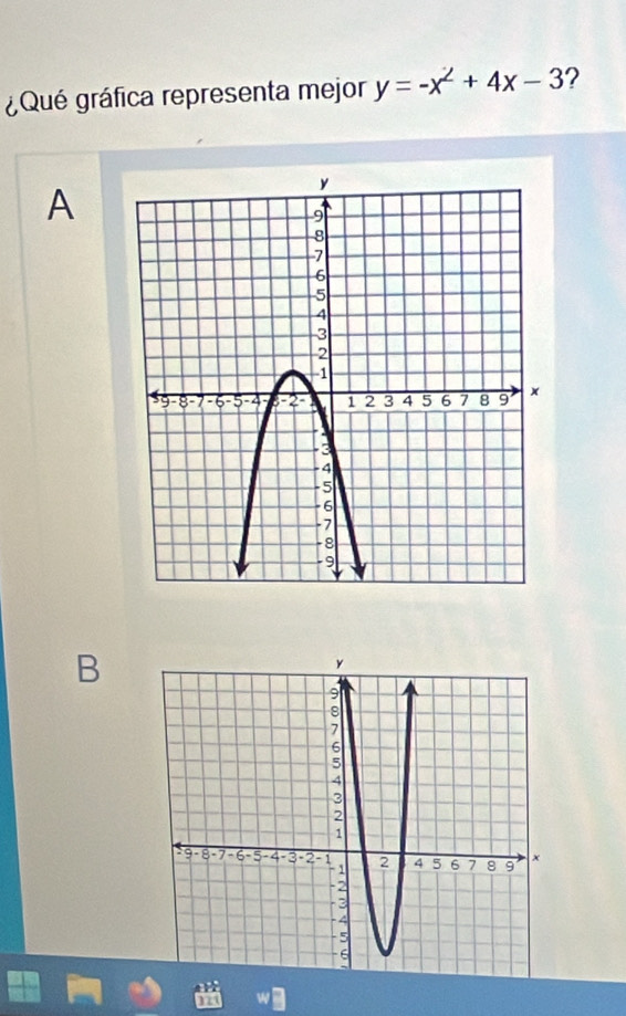 ¿Qué gráfica representa mejor y=-x^2+4x-3 ? 
A 
B