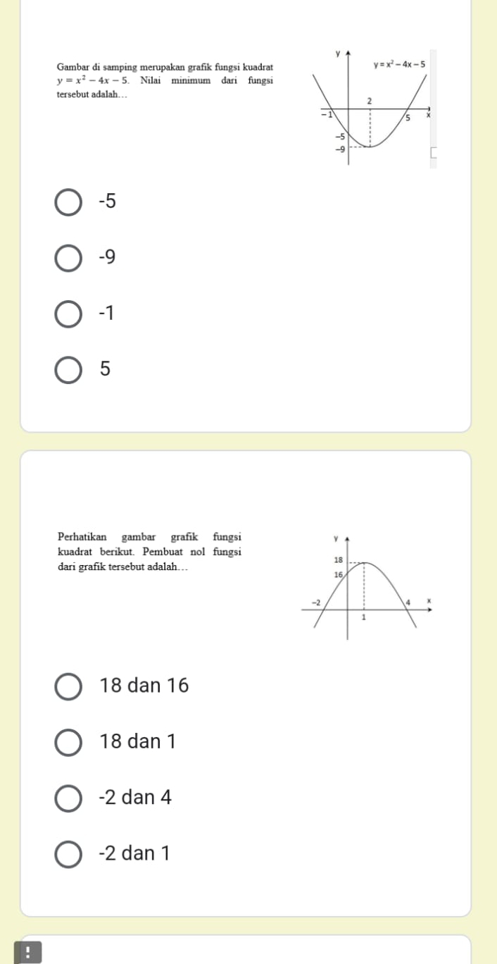 Gambar di samping merupakan grafik fungsi kuadrat
y=x^2-4x-5. Nilai minimum dari fungsi
tersebut adalah…
-5
-9
-1
5
Perhatikan gambar grafik fungsi
kuadrat berikut. Pembuat nol fungsi
dari grafik tersebut adalah…..
18 dan 16
18 dan 1
-2 dan 4
-2 dan 1
!