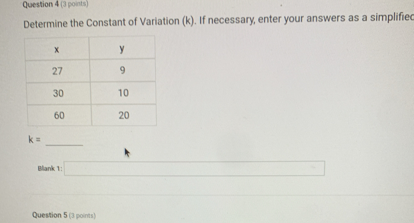 Determine the Constant of Variation (k). If necessary, enter your answers as a simplified 
_
k=
Blank 1: □ 
□  () 
□  
Question 5 (3 points)