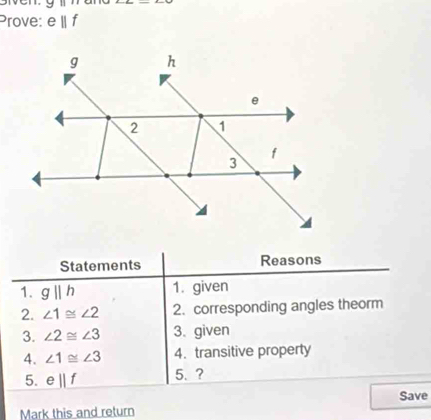 Prove: eparallel f
e
Mark this and return