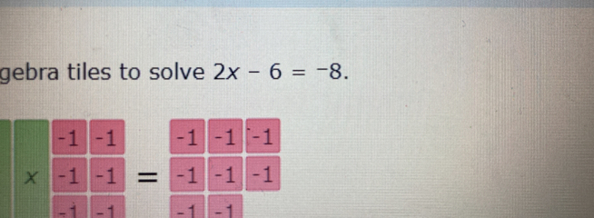 gebra tiles to solve 2x-6=-8.
-1 - 1 -1 -1