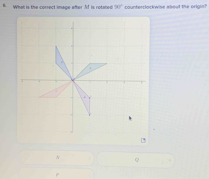 What is the correct image after M is rotated 90° counterclockwise about the origin?
N
P