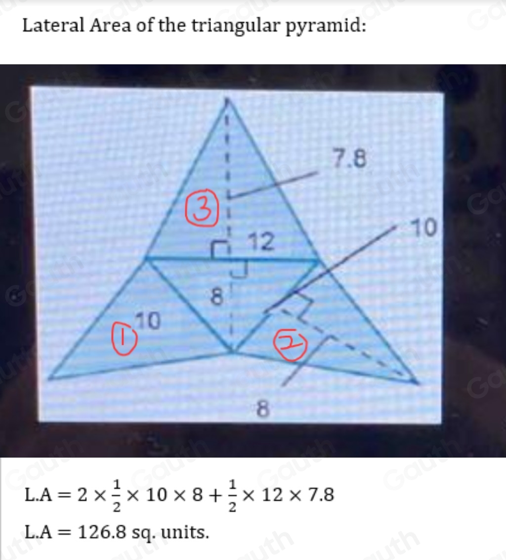 Lateral Area of the triangular pyramid:
L.A=2*  1/2 * 10* 8+ 1/2 * 12* 7.8
L.A=126.8sq. units.