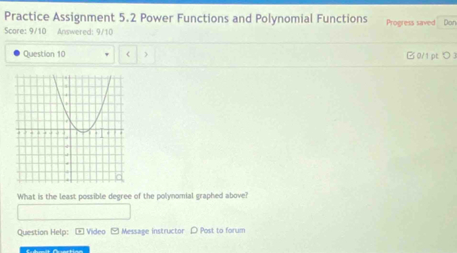 Practice Assignment 5.2 Power Functions and Polynomial Functions Progress saved Don 
Score: 9/10 Answered: 9/10 
Question 10 > B0/1 pt つ 3 
What is the least possible degree of the polynomial graphed above? 
Question Help: Video - Message instructor D Post to forum 
Cubmit Quaction