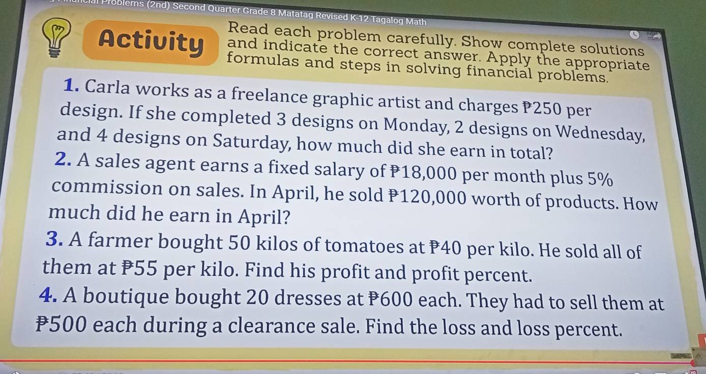 Solved: al Problems (2nd) Second Quarter Grade 8 Matatag Revised K-12 ...