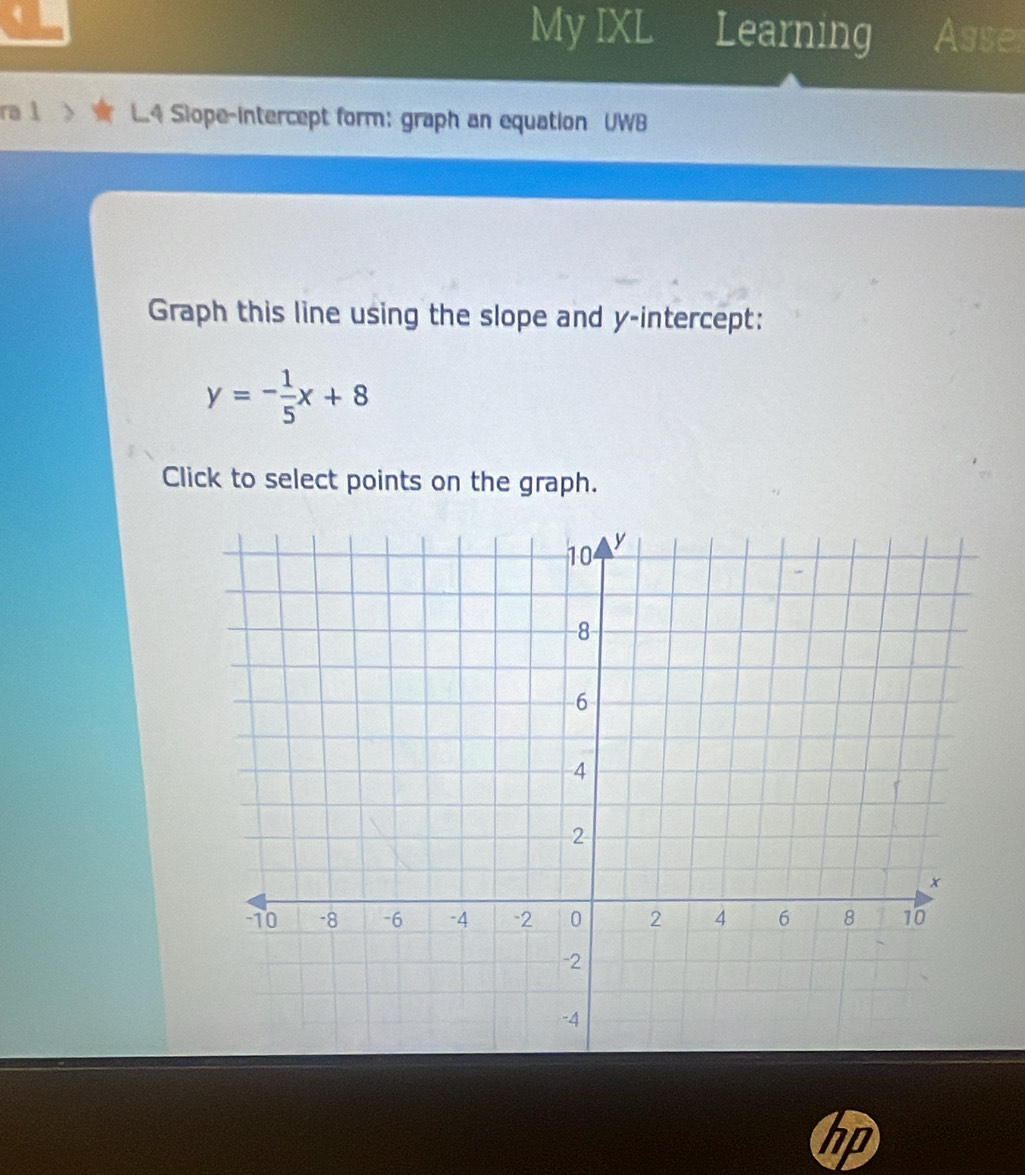 My IXL Learning Asse 
ra l L4 Siope-intercept form: graph an equation UWB 
Graph this line using the slope and y-intercept:
y=- 1/5 x+8
Click to select points on the graph.