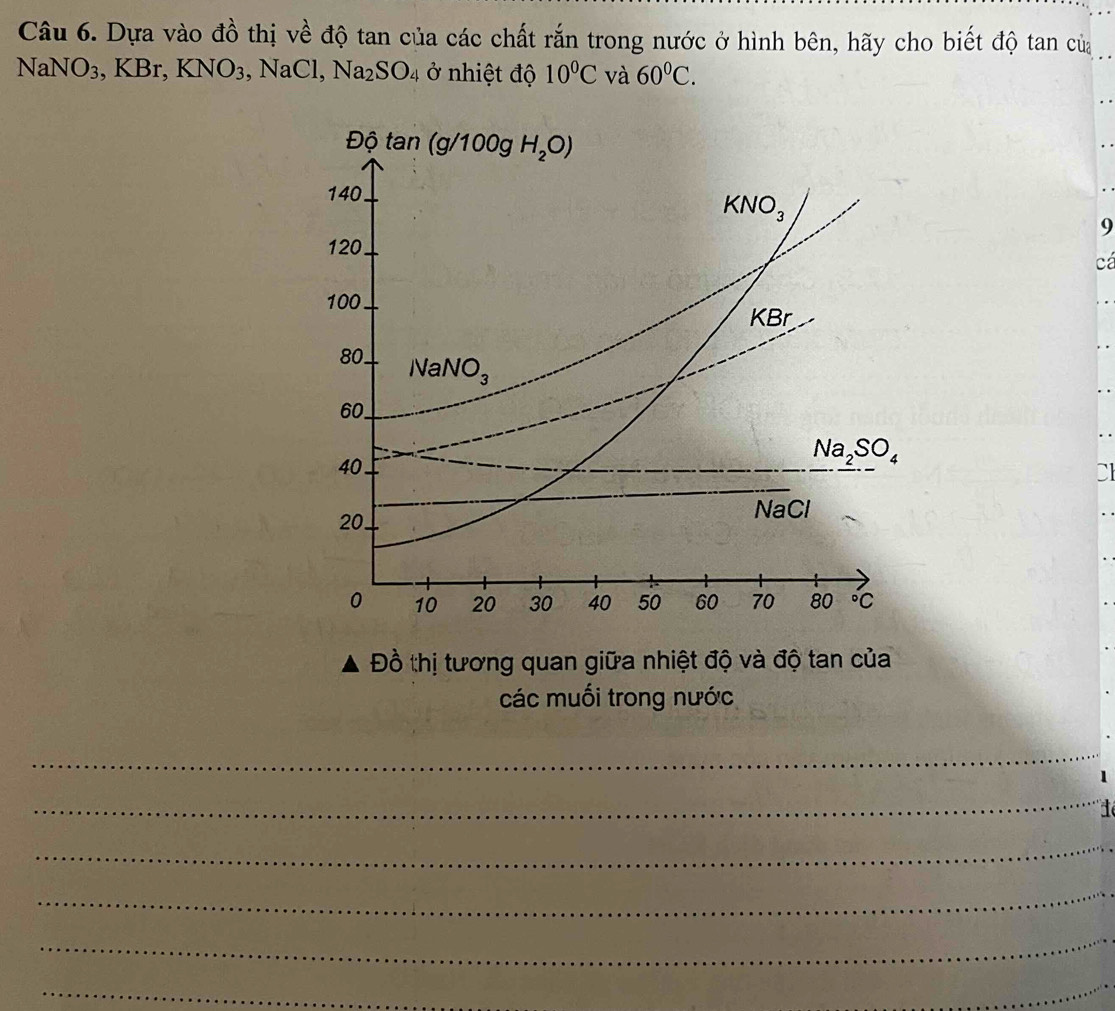 Dựa vào đồ thị về độ tan của các chất rắn trong nước ở hình bên, hãy cho biết độ tan của
NaNO_3,KBr,KNO_3,NaCl,Na_2SO_4 ở nhiệt độ 10^0C và 60°C.
9
cá
Đồ thị tương quan giữa nhiệt độ và độ tan của
các muối trong nước
_
1
_
_
_
_
_
_