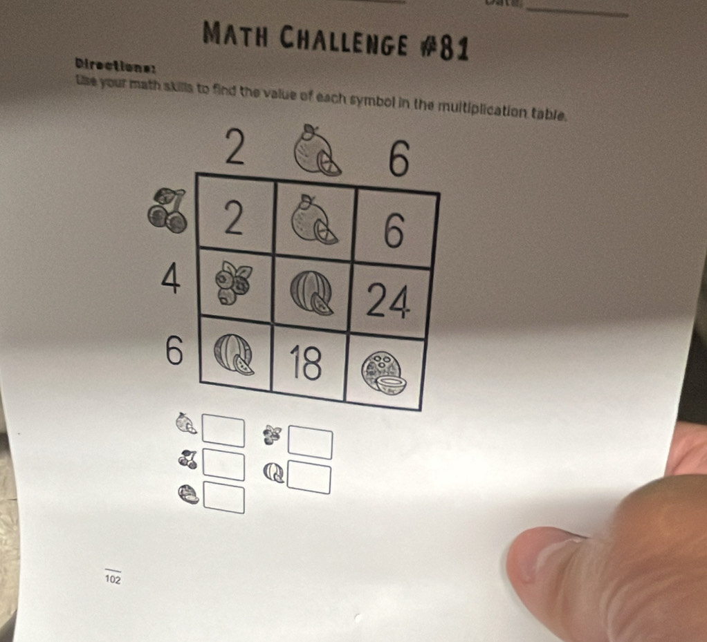 Math ChAllenge #81 
Directions: 
Use your math skills to find the value of each symbol in the multiplication table.
overline 102