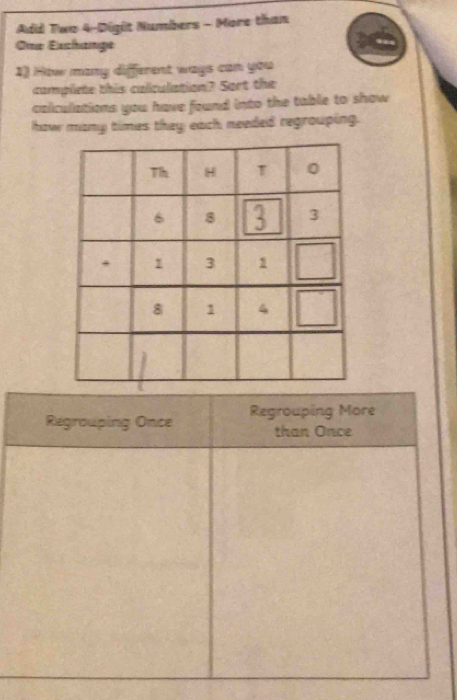 Add Two 4 -Digit Numbers - More than
One Exchange
1) How many different ways can you
compliete this caliculation? Sort the
calculations you have found into the table to show 
how many times they each needed regrouping.
Regrouping Once Regrouping More
than Once