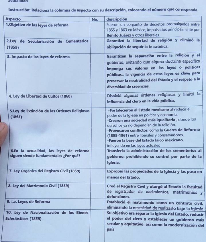 actualidad 
Instrucción: Relaciona la columna de aspecto con su descripción, colocando el número que corresponda. 
Asp 
1.Ontre 
por 
2.L la 
(18 
3. el 
fica 
icas 
ara 
a la 
4. la 
5 
( 
s 
ma 
6os al 
se la 
7.o en 
8.ultad 
os y 
9. civil, 
glesia 
10.ducir 
Ecl más 
n del