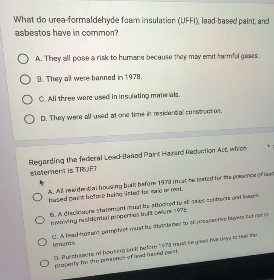 Solved: What do urea-formaldehyde foam insulation (UFFI), lead-based ...