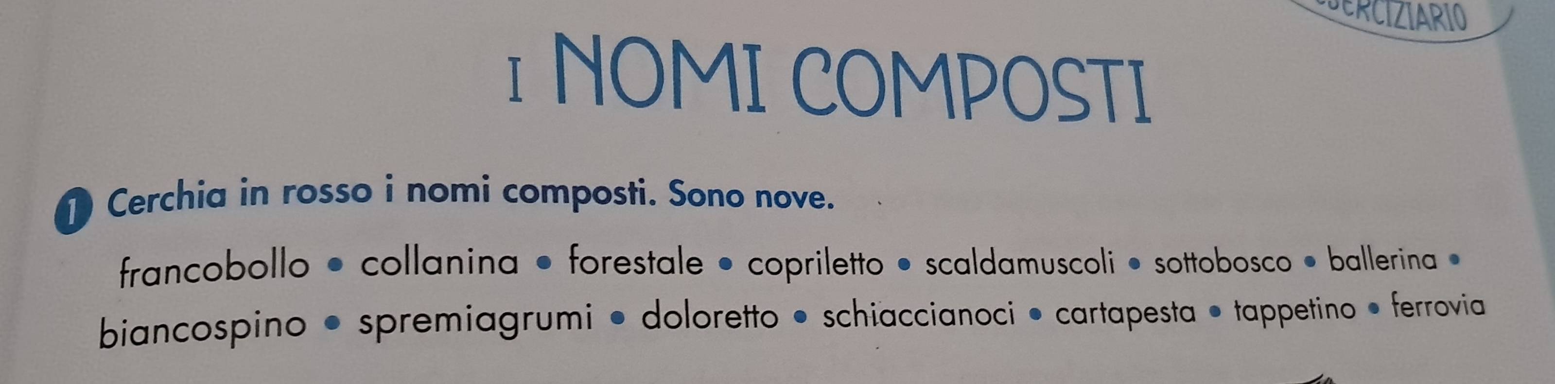 NOMI COMPOSTI 
1 Cerchia in rosso i nomi composti. Sono nove. 
francobollo • collanina • forestale • copriletto • scaldamuscoli • sottobosco • ballerina » 
biancospino • spremiagrumi • doloretto • schiaccianoci • cartapesta • tappetino • ferrovia