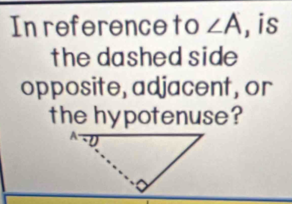 In referenceto ∠ A ,is 
the dashed side 
opposite, adjacent, or 
the hypotenuse?