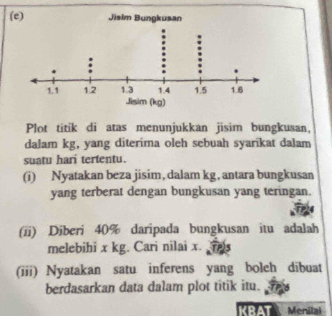 Plot titik di atas menunjukkan jisim bungkusan, 
dalam kg, yang diterima oleh sebuah syarikat dalam 
suatu hari tertentu. 
(i) Nyatakan beza jisim, dalam kg, antara bungkusan 
yang terberat dengan bungkusan yang teringan. 
(ii) Diberi 40% daripada bungkusan itu adalah 
melebihi x kg. Cari nilai x. ) 
(iii) Nyatakan satu inferens yang boleh dibuat 
berdasarkan data dalam plot titik itu. 
KBAT Menilal