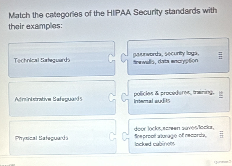 Match the categories of the HIPAA Security standards with
their examples:
passwords, security logs,
Technical Safeguards
firewalls, data encryption
policies & procedures, training, :
Administrative Safeguards
internal audits
door locks,screen saves/locks,
Physical Safeguards fireproof storage of records,
locked cabinets
Question 7