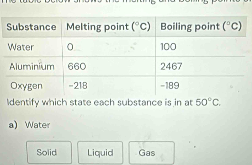 Identify which state each substance is in at 50°C.
a) Water
Solid Liquid Gas