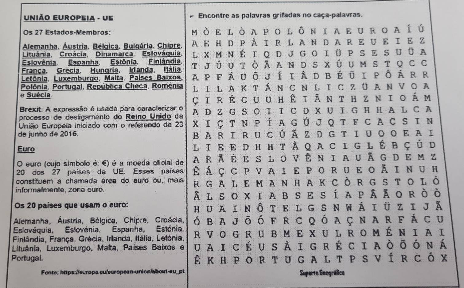 União Europeia - UE Encontre as palavras grifadas no caça-palavras.
Os 27 Estados-Membros: mὸ e l ò a po l ô n i a e u r o a í ύ
Alemanha, Áustria, Bélgica, Bulgária. Chipre. AΕ H D ΡÀ IR L AΝ DARΕ UE I E Ζ
Lituânia, Croácia, Dinamarca, Eslováquia, L X M n É I q D J G o I ü P S E SU ü a
Eslovênia. Espanha, Estónia. Finlândia.
França, Grécia. Hungria, Irlanda. Itália. t j ú u t ò ǎ a n d s x ú u m S t q c c
Letônia, Luxemburgo, Malta, Países Baixos, A p f á u ô j í i â d b é ü i p ô ár r
Polônia, Portugal, República Checa, Roménia L i laktán cn li c züanvoa
e Suécia
Çiré cuu hê i Ân th z νΙ ο á m
Brexit: A expressão é usada para caracterizar o
processo de desligamento do Reino Unido da A D Z G S O I I C D X U I G H H A L C A
União Europeia iniciado com o referendo de 23 X I Ç T N P Í A G Ú J Q T F C A C S IN
de junho de 2016. BA RI R U CÚ Ã Z D G T I U O O E A I
Euro L i e E d H h tà q a c i g l é b çú d
O euro (cujo símbolo é: E) é a moeda oficial de A rã É E s l o v Ên ia uã g d e m z
20 dos 27 países da UE. Esses países Ê á Ç c p v a i e p o r ue ο Ã in u h
constituem a chamada área do euro ou, mais R GA LEMA NHA K Cò R G S TO Ló
informalmente, zona euro.
À l s o x i ab s e s í a p Â Ã o rò ò
Os 20 países que usam o euro:
Hu a i nÔte l g s n wá i ü z i jã
Alemanha, Áustria, Bélgica, Chipre, Croácia, ó ba j õ ó f r c q ó a çn a r f á c u
Eslováquia, Eslovénia, Espanha, Estónia,
Finlândia, França, Grécia, Irlanda, Itália, Letónia, RV O G R U B M E X U L R O m é ν I A I
Lituânia, Luxemburgo, Malta, Países Baixos e U a i c é u s À i g r é ci a ò う ó n á
Portugal. Ê kh por tu g a l t p S v ír cóx
Fonte: https://europa.eu/european-union/about-eu_pt Suporte Geográfica