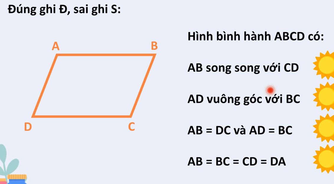 Đúng ghi Đ, sai ghi S: 
Hình bình hành ABCD có:
AB song song với CD
AD vuông góc với BC
AB=DC và AD=BC
AB=BC=CD=DA