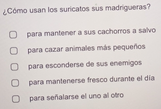 ¿Cómo usan los suricatos sus madrigueras?
para mantener a sus cachorros a salvo
para cazar animales más pequeños
para esconderse de sus enemigos
para mantenerse fresco durante el día
para señalarse el uno al otro