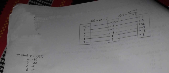 Find (r+r)(1).
a. -10
b. -22
C. -2
d. 14