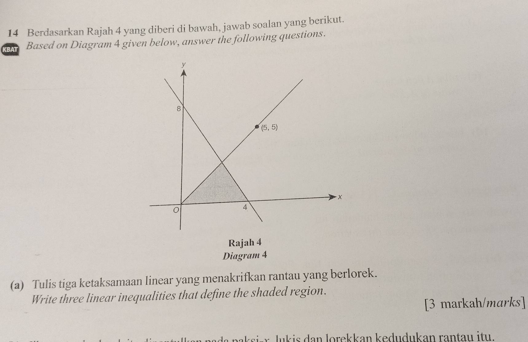 Berdasarkan Rajah 4 yang diberi di bawah, jawab soalan yang berikut.
KBAT Based on Diagram 4 given below, answer the following questions.
Rajah 4
Diagram 4
(a) Tulis tiga ketaksamaan linear yang menakrifkan rantau yang berlorek.
Write three linear inequalities that define the shaded region.
[3 markah/marks]
r lu  i  an lorekkan kedudukan rantau itu.