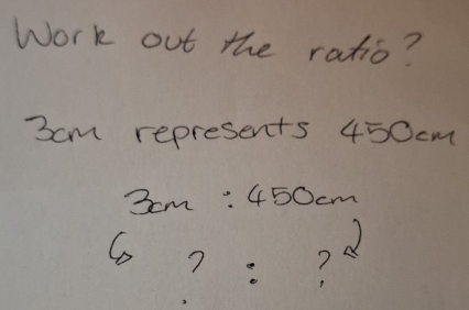 Work out the ratio?
3cm represents 450cm
3cm : 450 cm
6 7:?