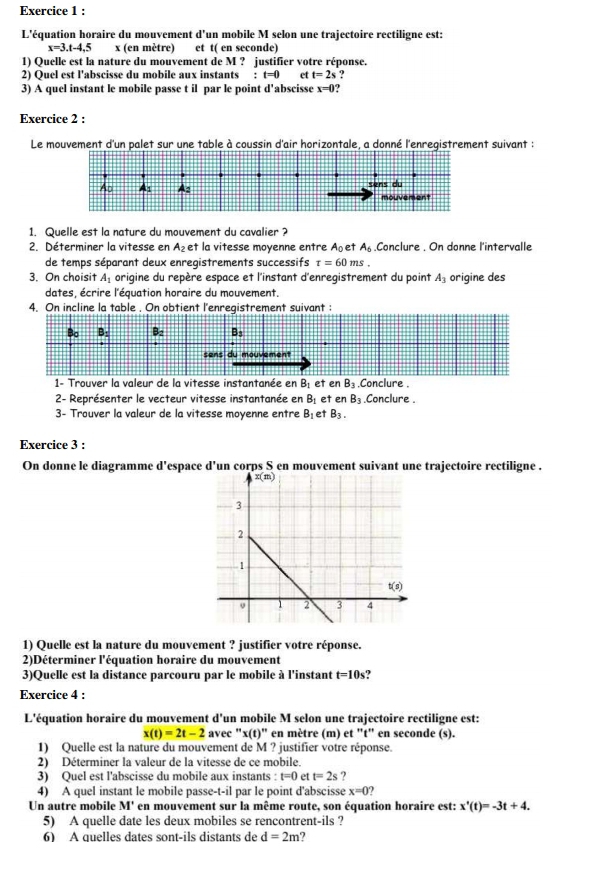 L'équation horaire du mouvement d’un mobile M selon une trajectoire rectiligne est:
x=3.t-4.5 x (en mètre) et t( en seconde)
1) Quelle est la nature du mouvement de M ? justifier votre réponse.
2) Quel est l'abscisse du mobile aux instants : t=0 et t=2s ?
3) A quel instant le mobile passe t il par le point d'abscisse x=0?
Exercice 2 :
Le mouvement d'un palet Sur une table à coussin d'air horizontale, a donné l'enregistrement suivant :
sens du
Ao A A2 mouvement
1. Quelle est la nature du mouvement du cavalier ?
2. Déterminer la vitesse en A_2 et la vitesse moyenne entre A_0 et A_6 Conclure . On donne l'intervalle
de temps séparant deux enregistrements successifs tau =60ms.
3. On choisit A_1 origine du repère espace et l'instant d'enregistrement du point A_3 origine des
dates, écrire l'équation horaire du mouvement.
4. On incline la table . On obtient l'enregistrement suivant :
1- Trouver la valeur de la vitesse instantanée en Bị et en B_3.Conclure .
2- Représenter le vecteur vitesse instantanée en B_1 et en B_3.Conclure .
3- Trouver la valeur de la vitesse moyenne entre B_1 et B_3.
Exercice 3 :
On donne le diagramme d'espace d'un corps S en mouvement suivant une trajectoire rectiligne .
1) Quelle est la nature du mouvement ? justifier votre réponse.
2)Déterminer l'équation horaire du mouvement
3)Quelle est la distance parcouru par le mobile à l'instant t=10s ?
Exercice 4 :
L'équation horaire du mouvement d'un mobile M selon une trajectoire rectiligne est:
x(t)=2t-2 avec "x(t)" en mètre (m) et "t" en seconde (s).
1) Quelle est la nature du mouvement de M ? justifier votre réponse.
2) Déterminer la valeur de la vitesse de ce mobile.
3) Quel est l'abscisse du mobile aux instants : t=0 et t=2s ?
4) A quel instant le mobile passe-t-il par le point d'abscisse x=0 ?
Un autre mobile M' en mouvement sur la même route, son équation horaire est: x'(t)=-3t+4.
5) A quelle date les deux mobiles se rencontrent-ils ?
6) A quelles dates sont-ils distants de d=2m ?