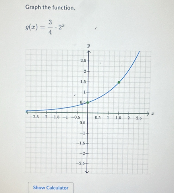 Graph the function.
g(x)= 3/4 · 2^x
Show Calculator