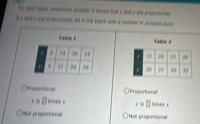 for each table; determing whether it showe that s and yare proportionsl
ifs and y are propartional; fll in the blank with a number in simplest form.
Tabis 1
Tabla 2

Proportional  Proportional
y=□ times x times x
yis□
Not preportional Not proportional