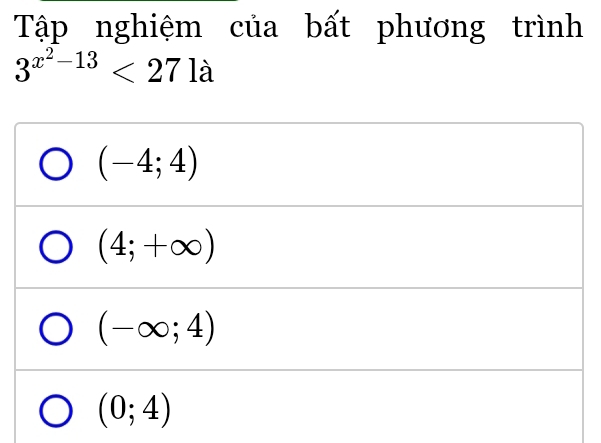 Tập nghiệm của bất phương trình
3^(x^2)-13<27la</tex>