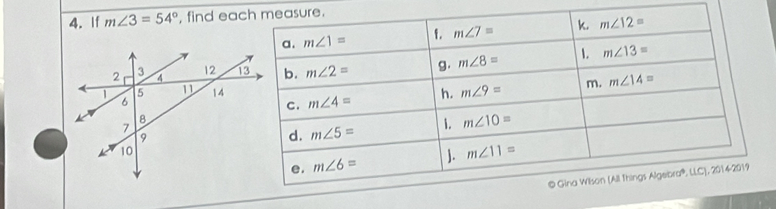 If m∠ 3=54° , find eac