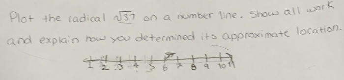 Plot the radical sqrt(37) on a number line. show all work 
and explain how you determined its approximate location.