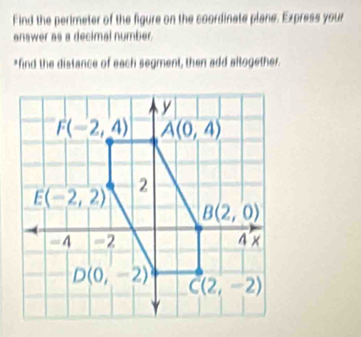 Find the perimeter of the figure on the coordinate plane. Express your
enswer as a decimal number.
*find the distance of each segment, then add altogether.