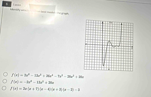 5 1 point
Identify which function best models the graph.
f(x)=2x^6-13x^5+26x^4-7x^3-28x^2+20x
f(x)=-2x^6-13x^5+20x
f(x)=2x(x+7)(x-4)(x+3)(x-2)-3