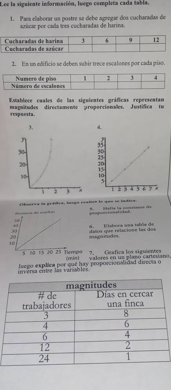 Lee la siguiente información, luego completa cada tabla. 
1. Para elaborar un postre se debe agregar dos cucharadas de 
azúcar por cada tres cucharadas de harina. 
2. En un edificio se deben subir trece escalones por cada piso. 
Establece cuales de las siguientes gráficas representan 
magnitudes directamente proporcionales. Justifica tu 
respuesta. 
3. 
4. 
Observa la gráfica, luego realiza lo que se indica. 
5. 
Número de vueltas Halla la constante de 
proporcionalidad. 
6. Elabora una tabla de 
datos que relacione las dos 
magnitudes. 
mpo 7. Grafica los siguientes 
(min) valores en un plano cartesiano, 
luego explica por qué hay proporcionalidad directa o 
inversa entre las variables.